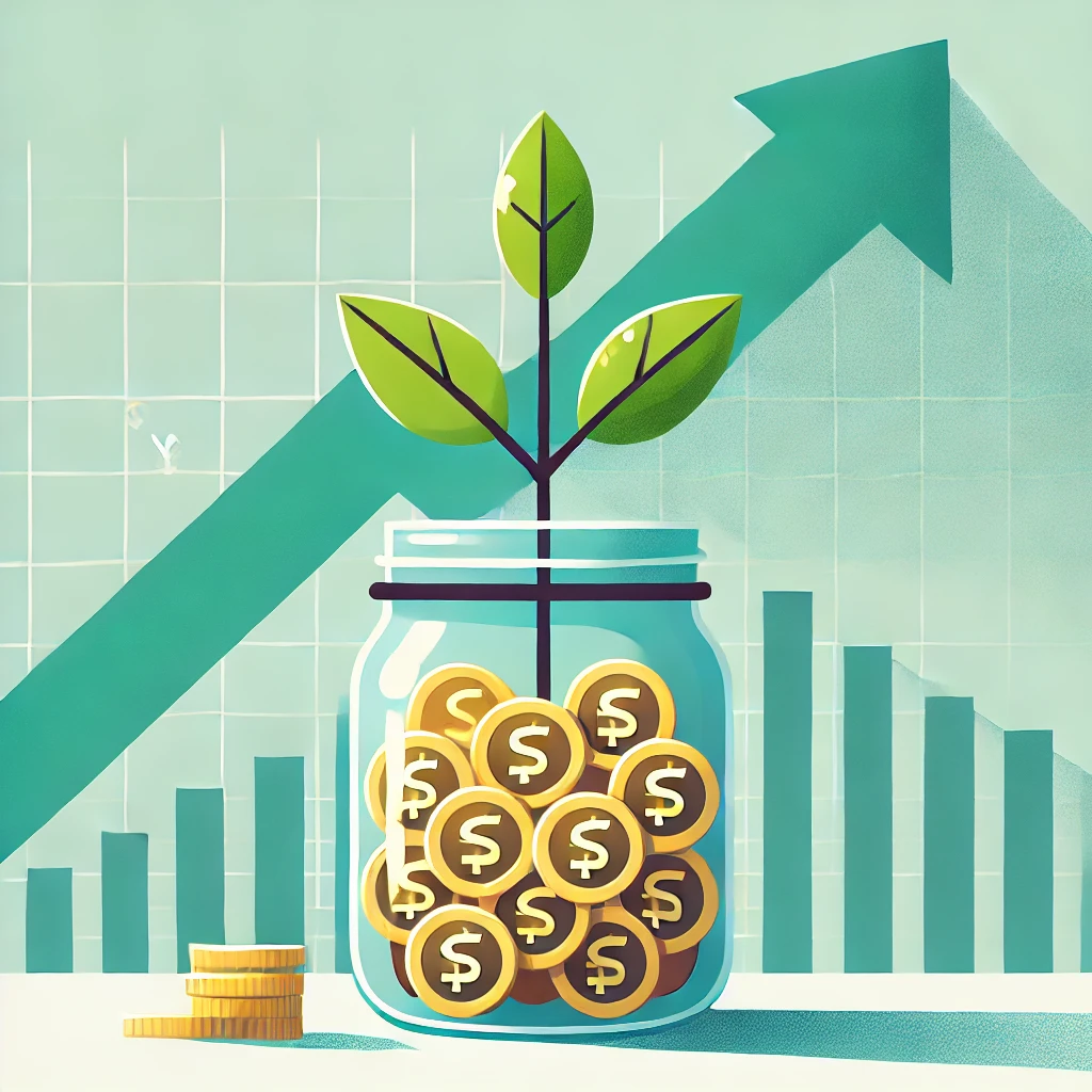 Pote de moedas de real com planta crescendo, indicando crescimento financeiro